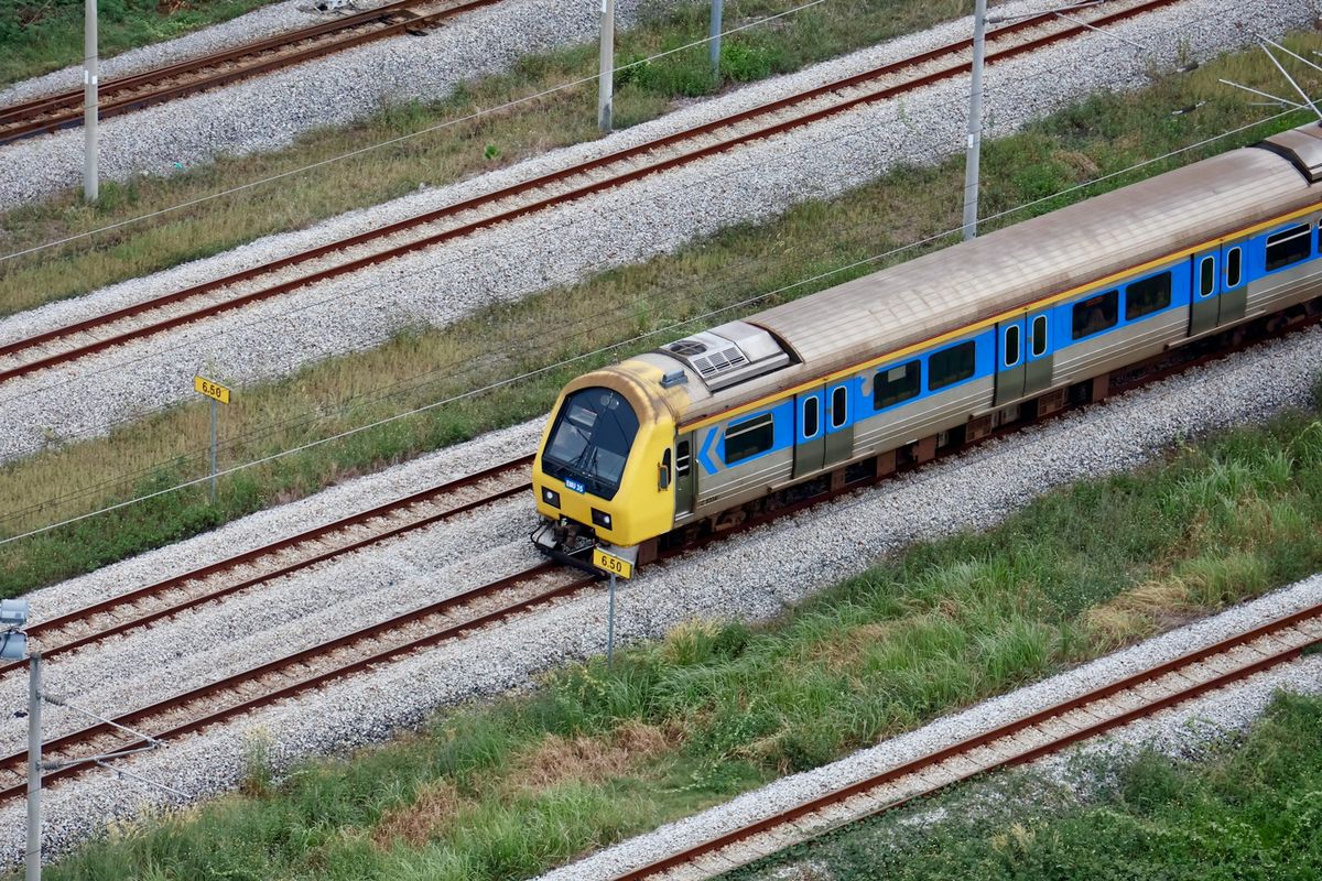 KTM train on the railway tracks in Malaysia