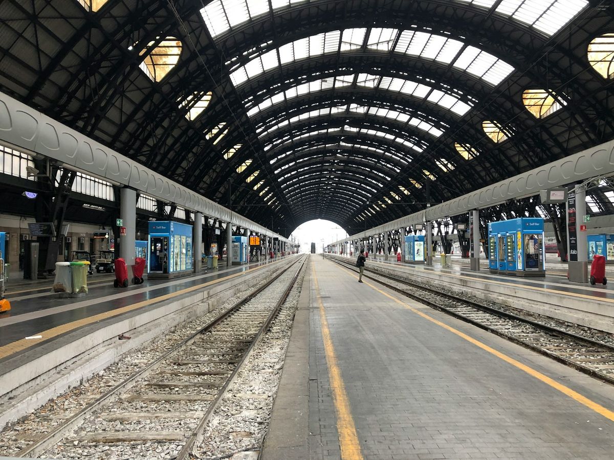 Milano Centrale station interior with pedestrians