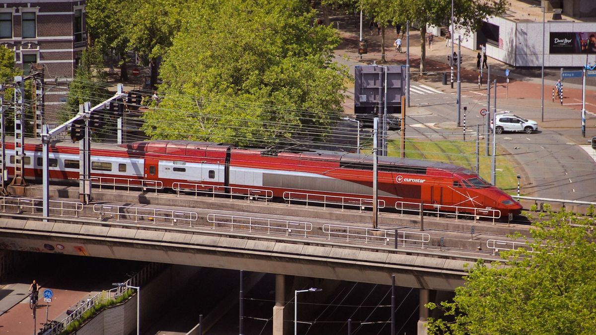 Dutch Thalys high-speed train on an elevated railway
