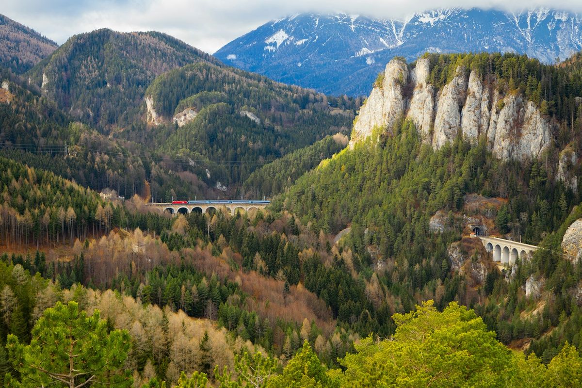 Scenic stone railway viaduct in the Semmering mountains Austria