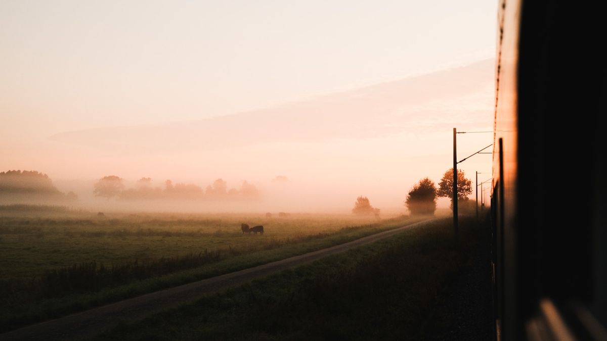 Train traveling through Swedish rural countryside on a foggy day