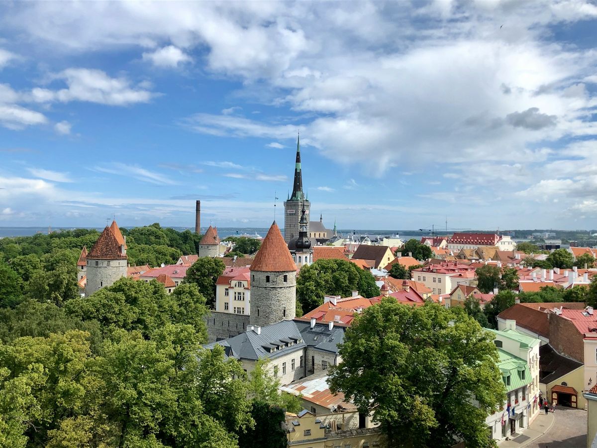 Aerial view of Tallinn old town medieval architecture Estonia