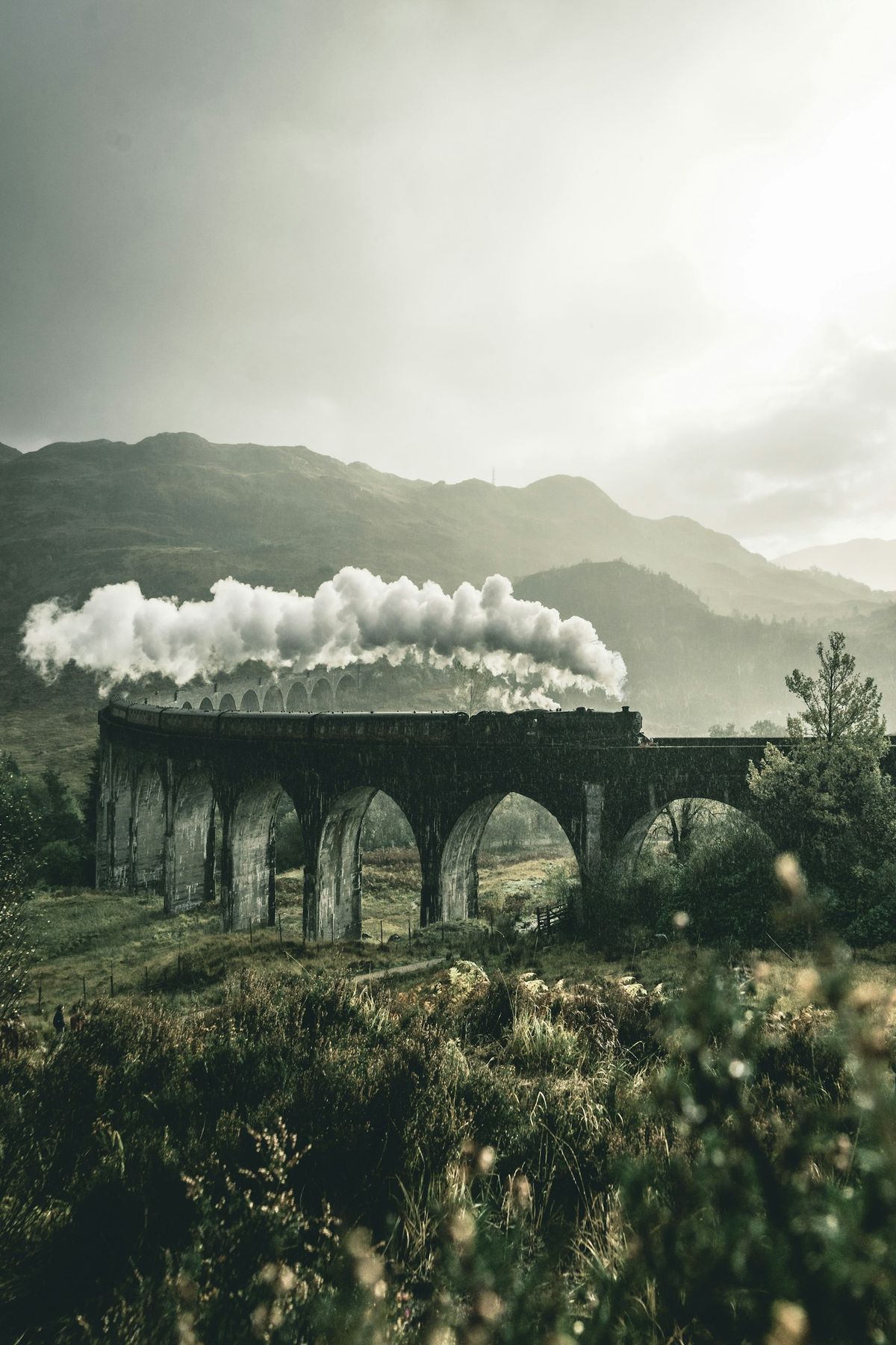 Black steam train crossing a railway bridge under heavy clouds in the Scottish Highlands