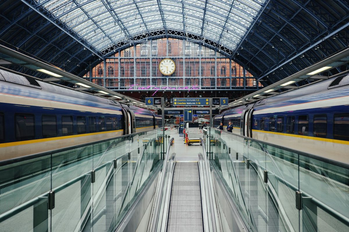 Train station platform with a clock, UK style