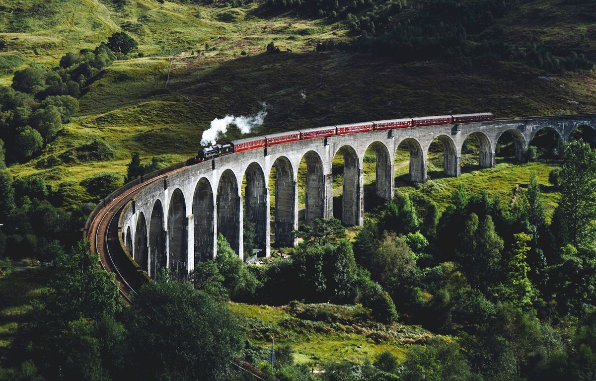 Train crossing a viaduct in the Scottish Highlands