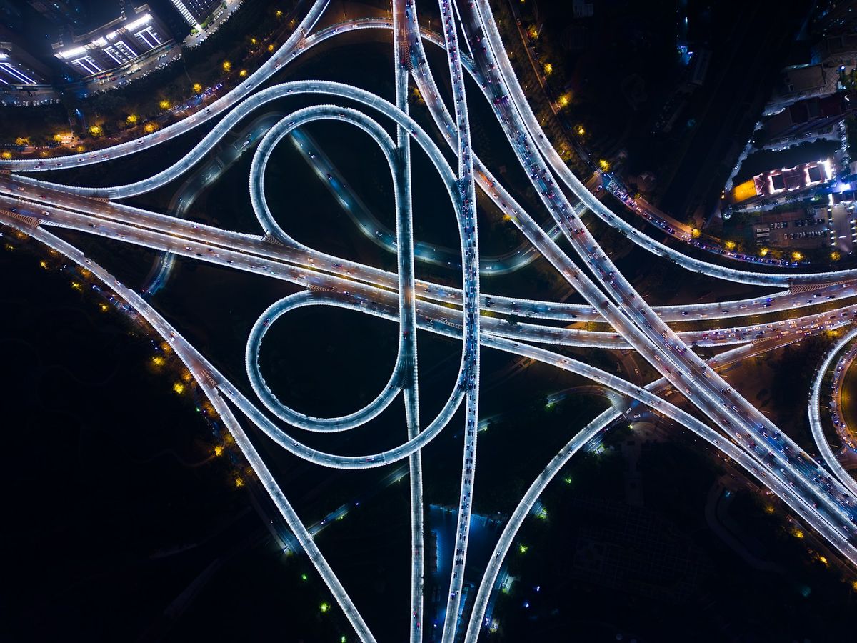 Aerial view of a Chinese highway interchange at night
