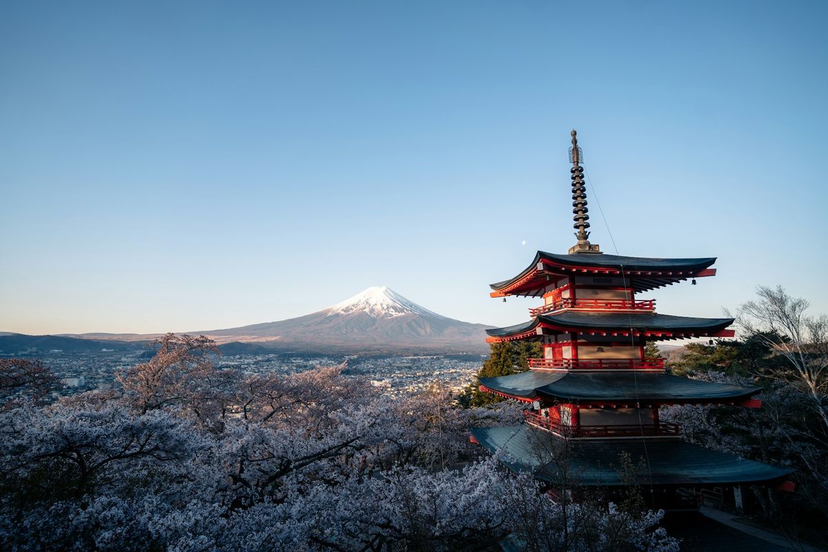 Japanese pagoda with Mount Fuji in the background