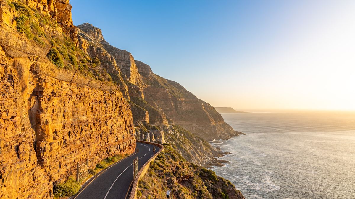 Winding coastal road descending a mountainside in South Africa