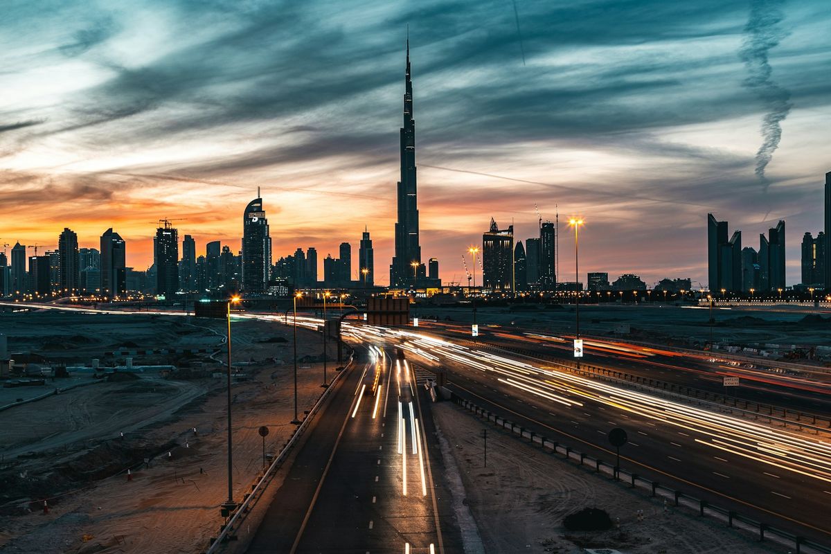 Dubai city skyline from highway with skyscrapers UAE