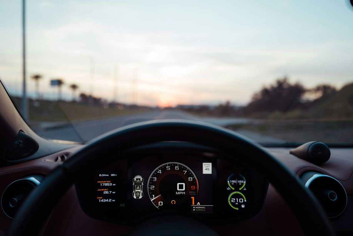 Close-up of a car's instrument panel and odometer