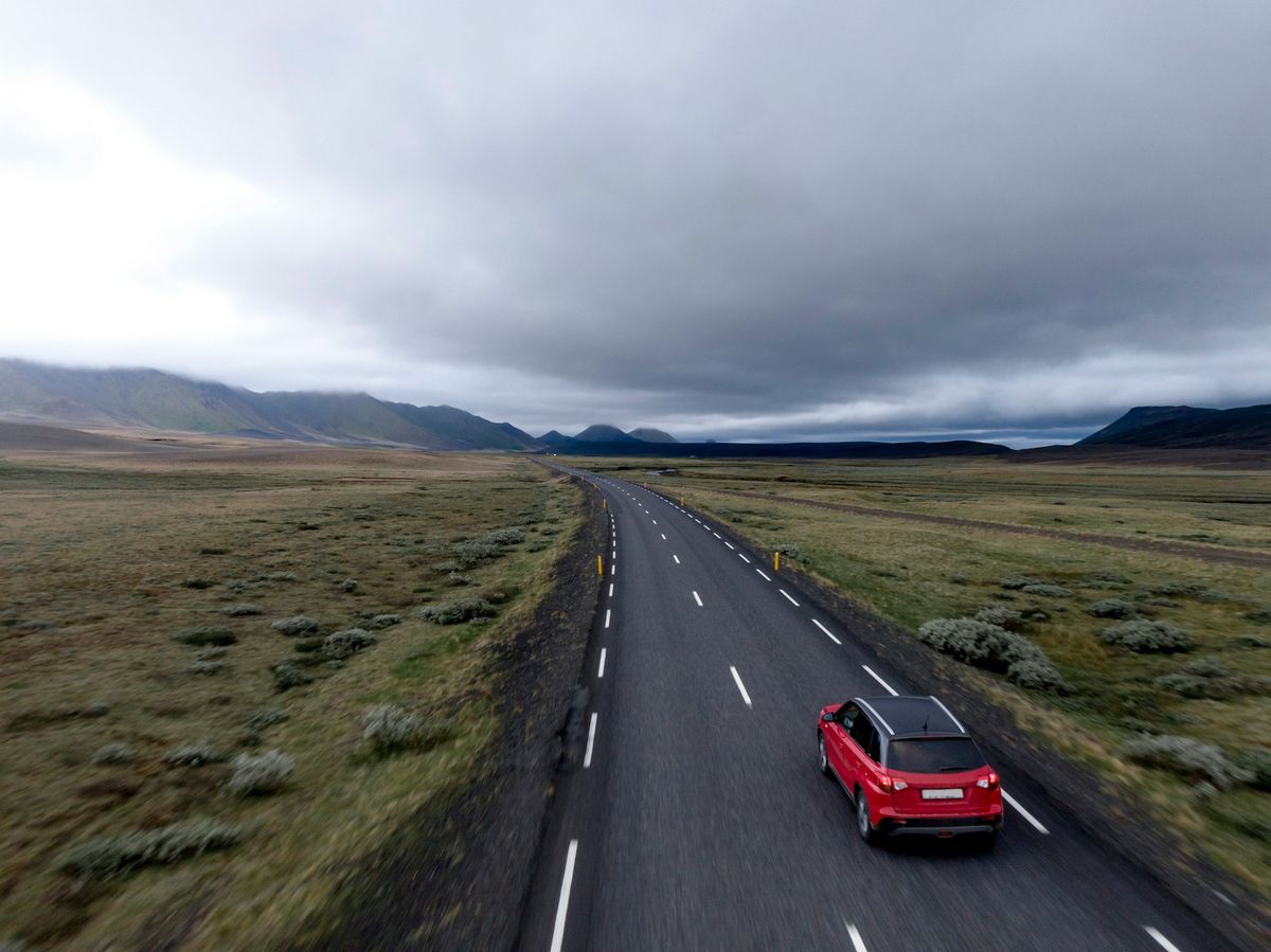 Rental car on an open highway during a road trip