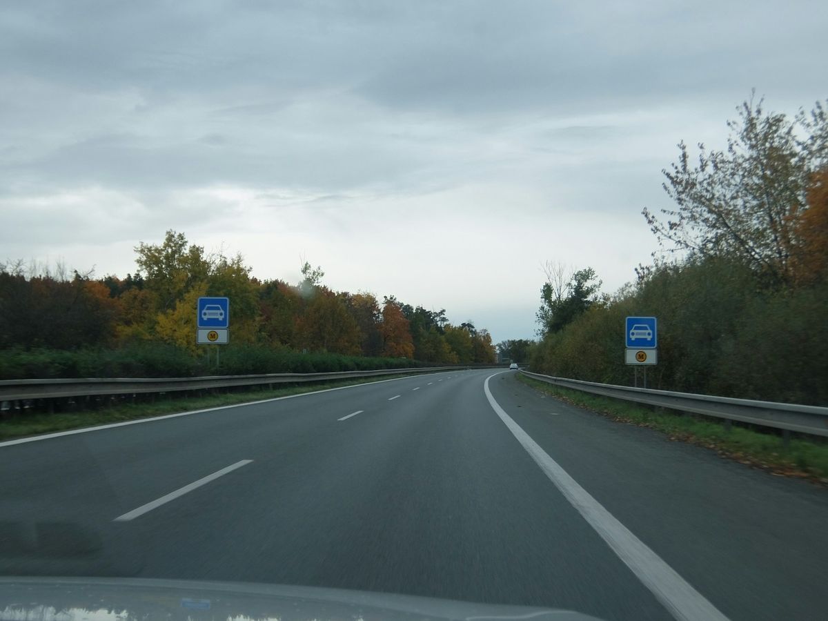 Highway with autumn trees and European road signs