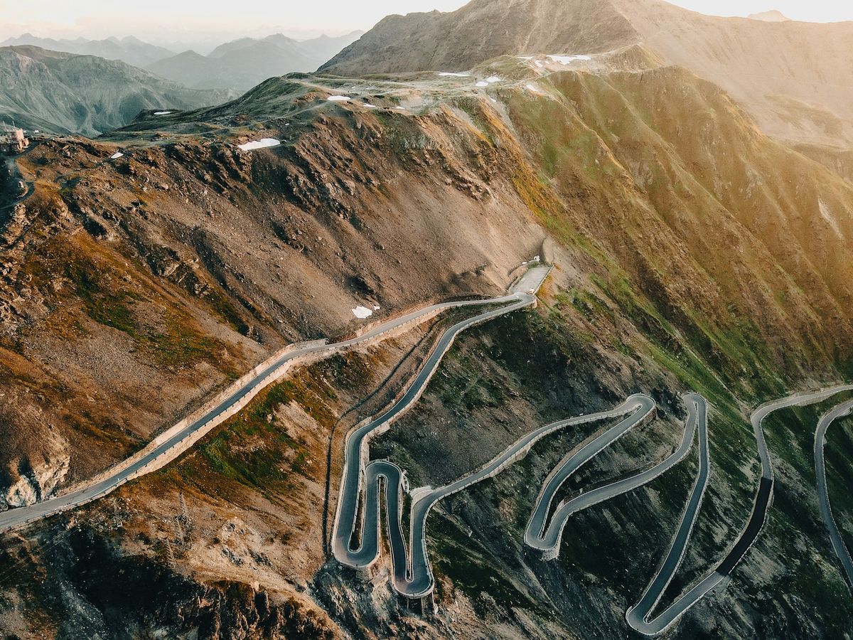 Aerial view of winding Stelvio Pass mountain road Italy