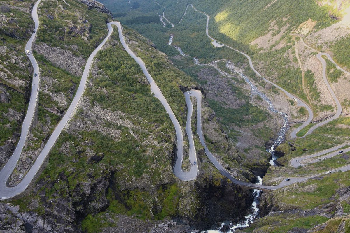 Bird's-eye view of serpentine Trollstigen mountain road Norway