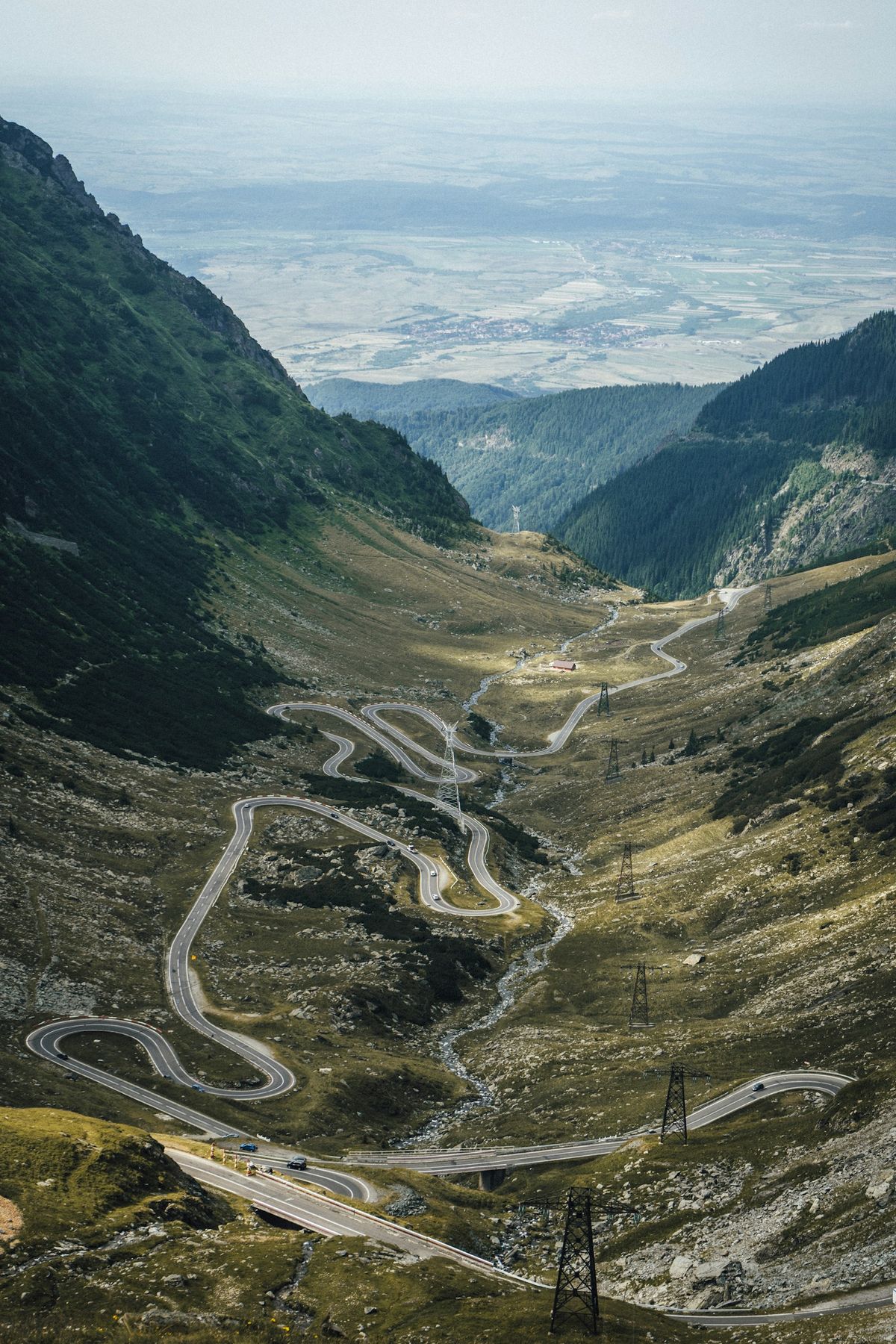 Aerial view of winding mountain road in Romania