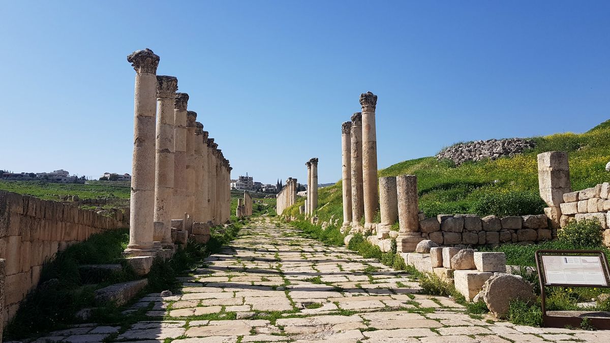 The colonnaded Cardo, the ancient Roman street through the ruins of Jerash, Jordan