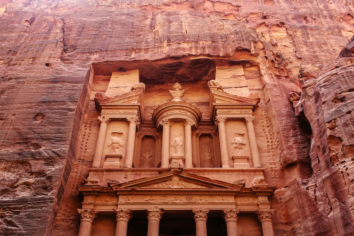 Ancient carved facade of the Treasury at Petra, Jordan