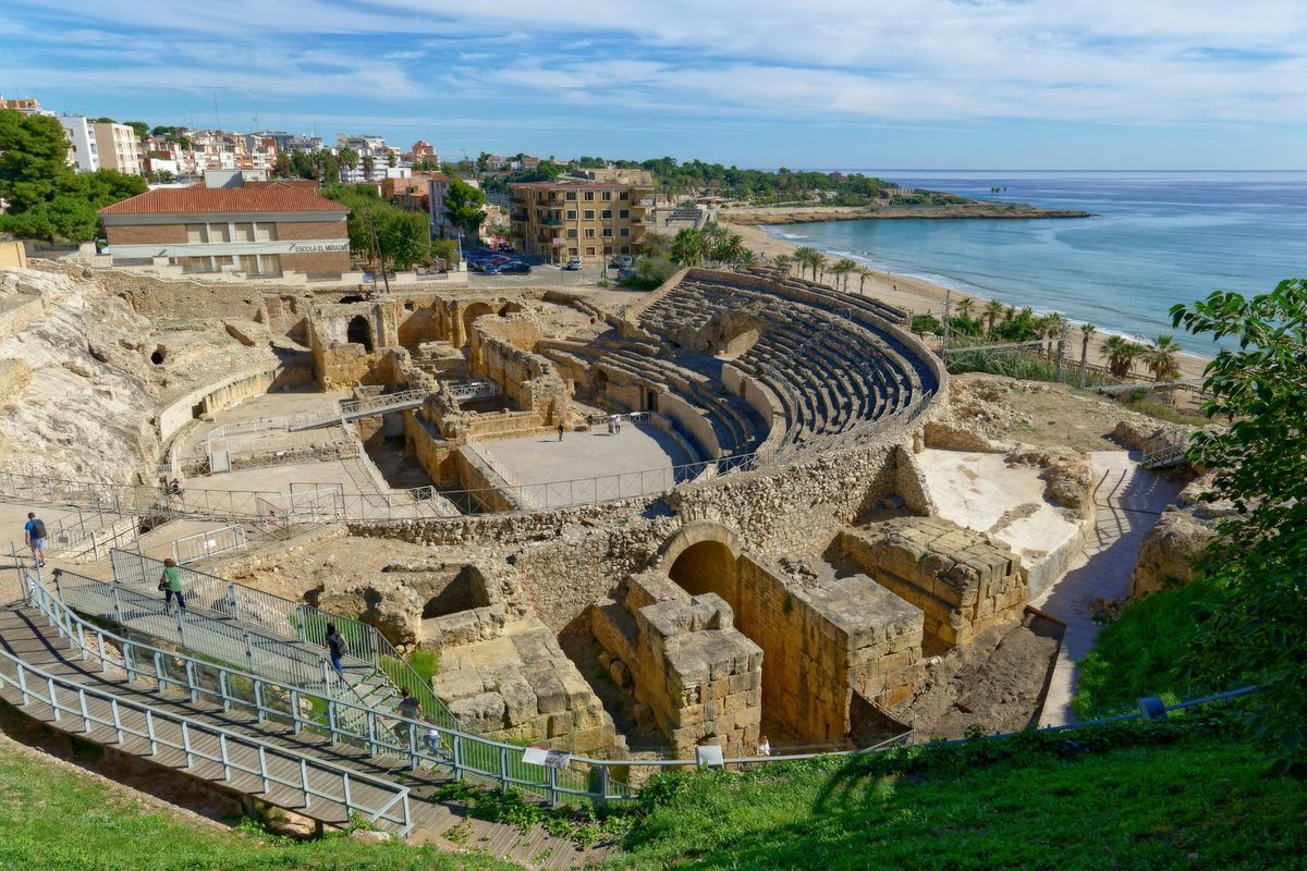 Ancient Roman amphitheatre overlooking the Mediterranean Sea in Tarragona, Spain