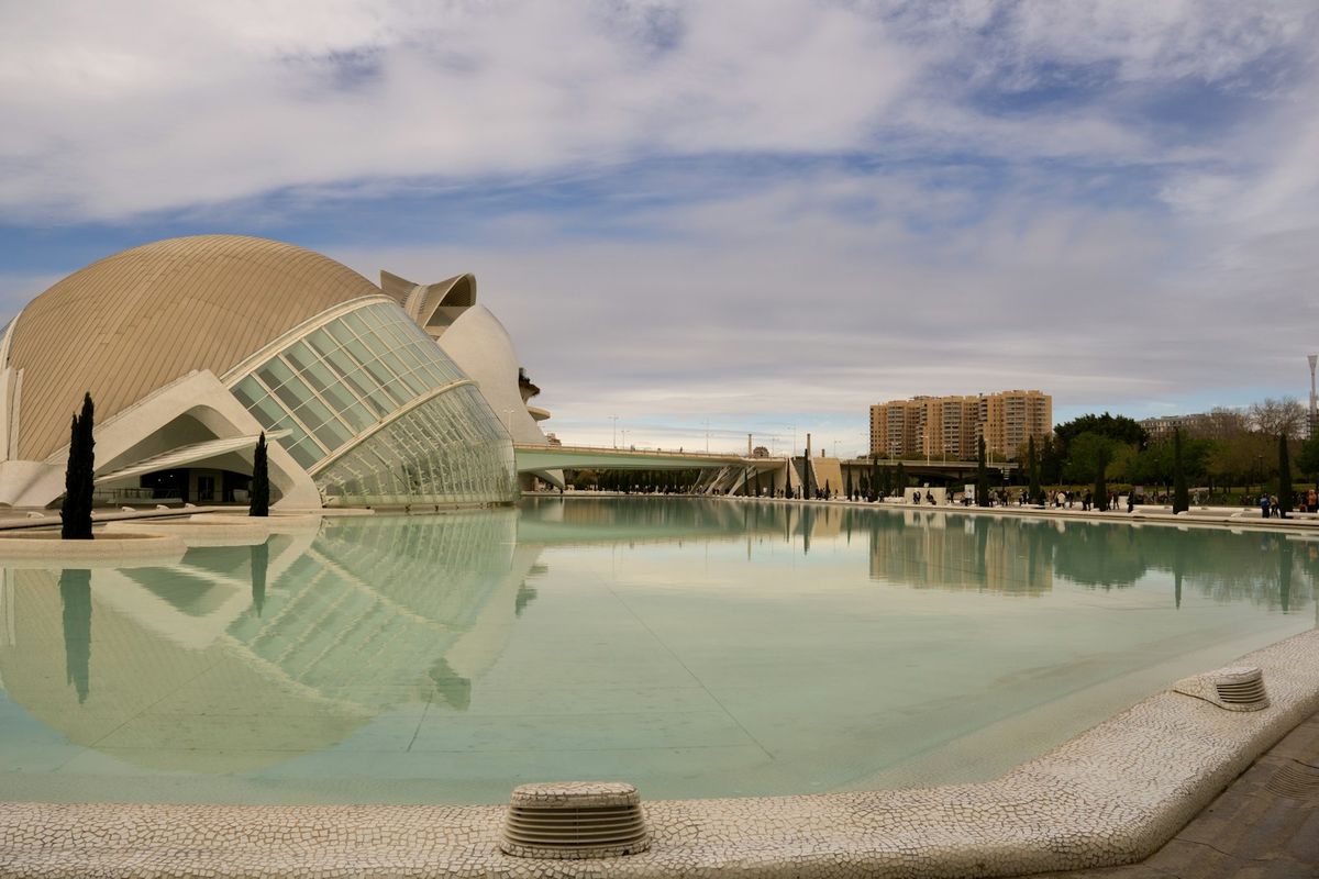 Valencia City of Arts and Sciences futuristic building with reflection