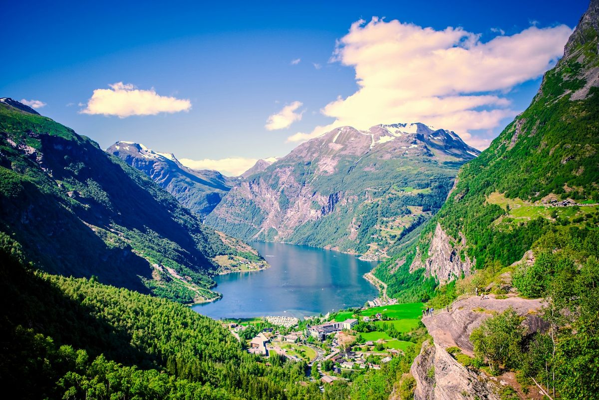 Scenic valley view along the Flam Railway with a lake surrounded by Norwegian mountains