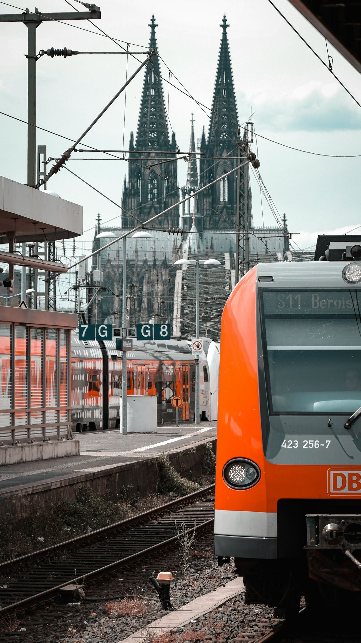 Train at a station with Cologne cathedral in the background