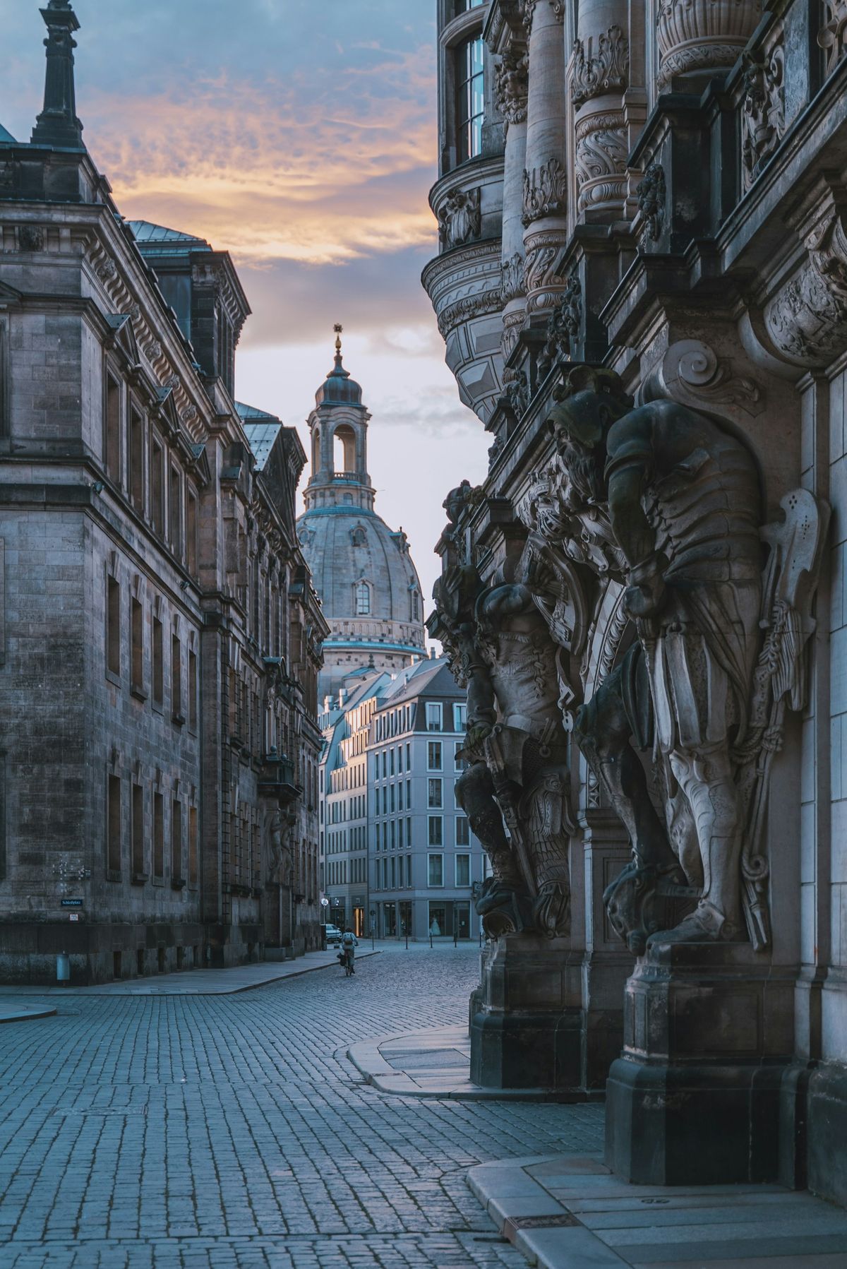 Dresden cobblestone street with baroque buildings