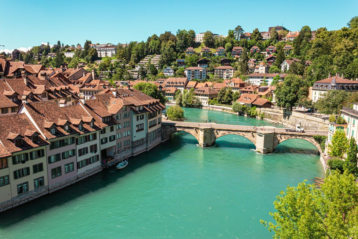 Historic bridge over river in Bern Switzerland old town