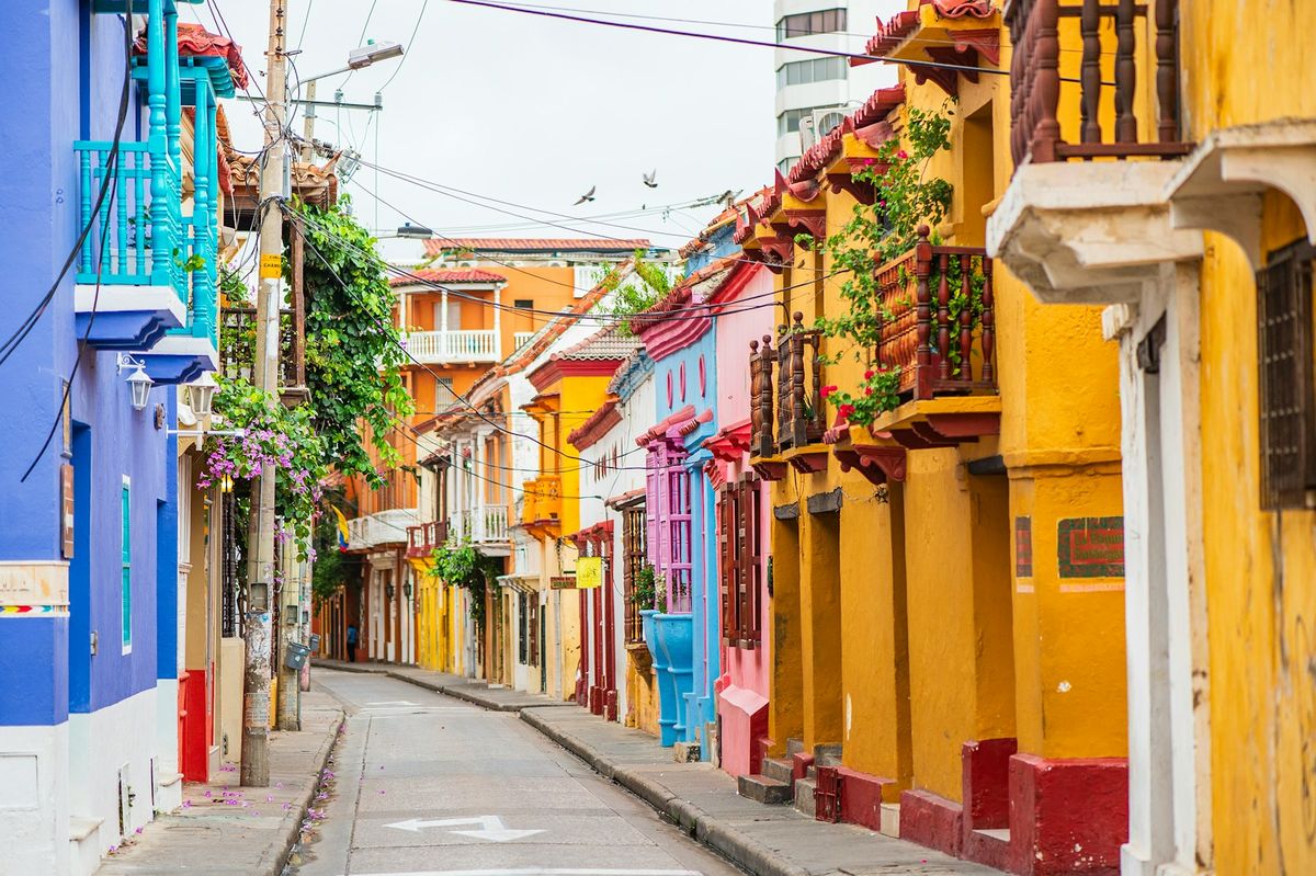 Colorful colonial street in the walled city of Cartagena, Colombia