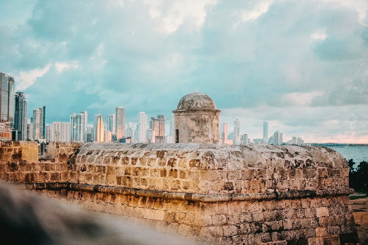 View of Cartagena from atop the historic stone fortification walls