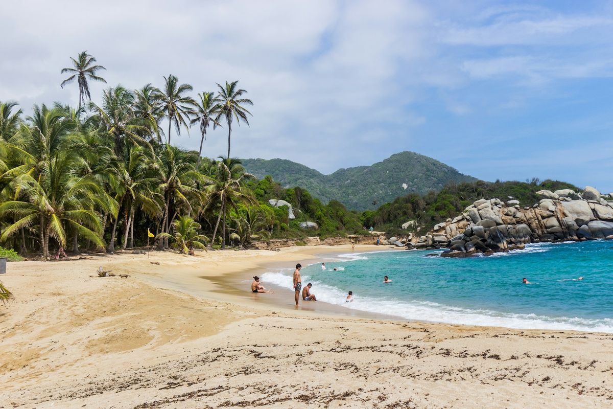 Caribbean beach with palm trees near Santa Marta and Tayrona National Park, Colombia