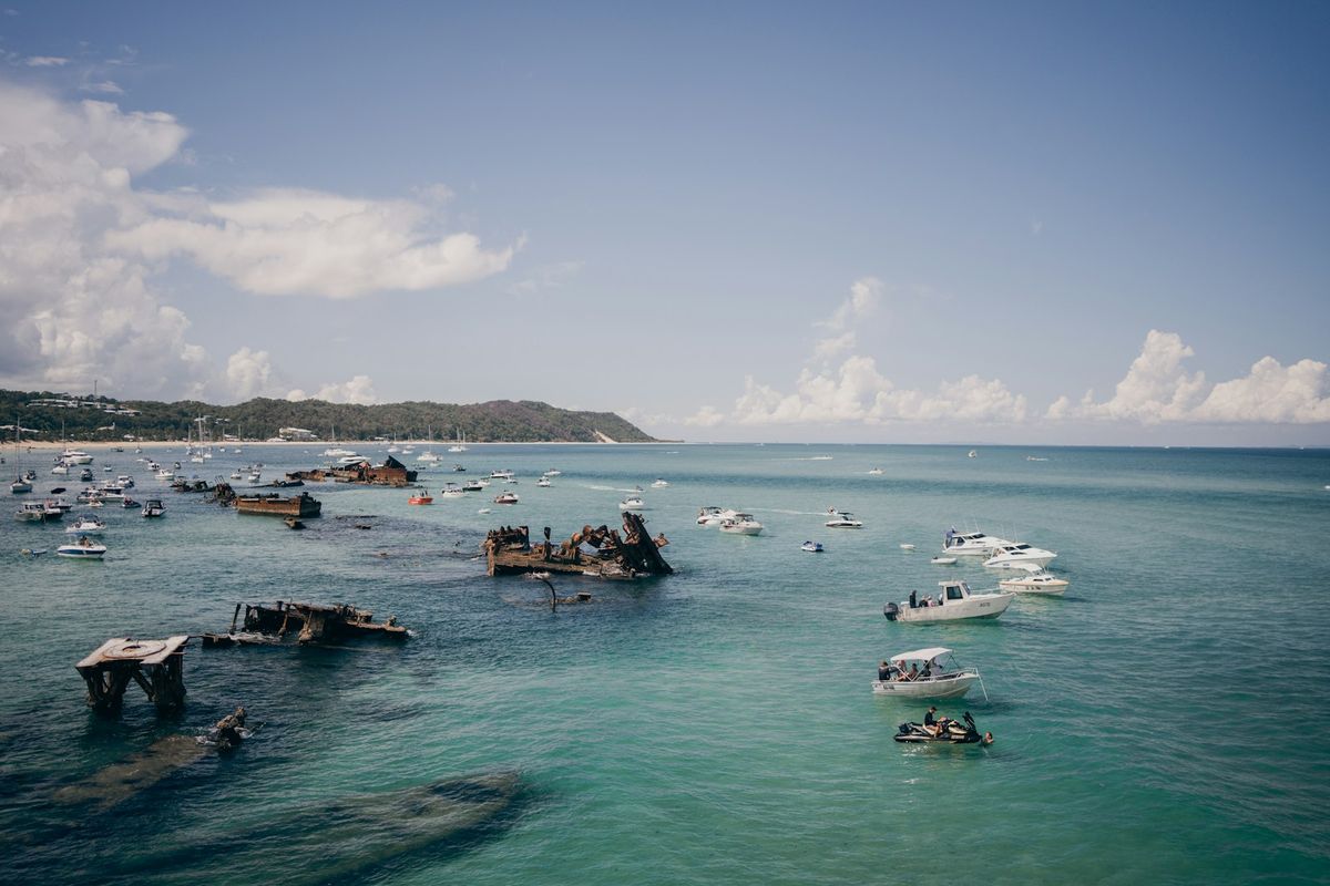 Tangalooma shipwrecks in the shallow water off Moreton Island, Australia