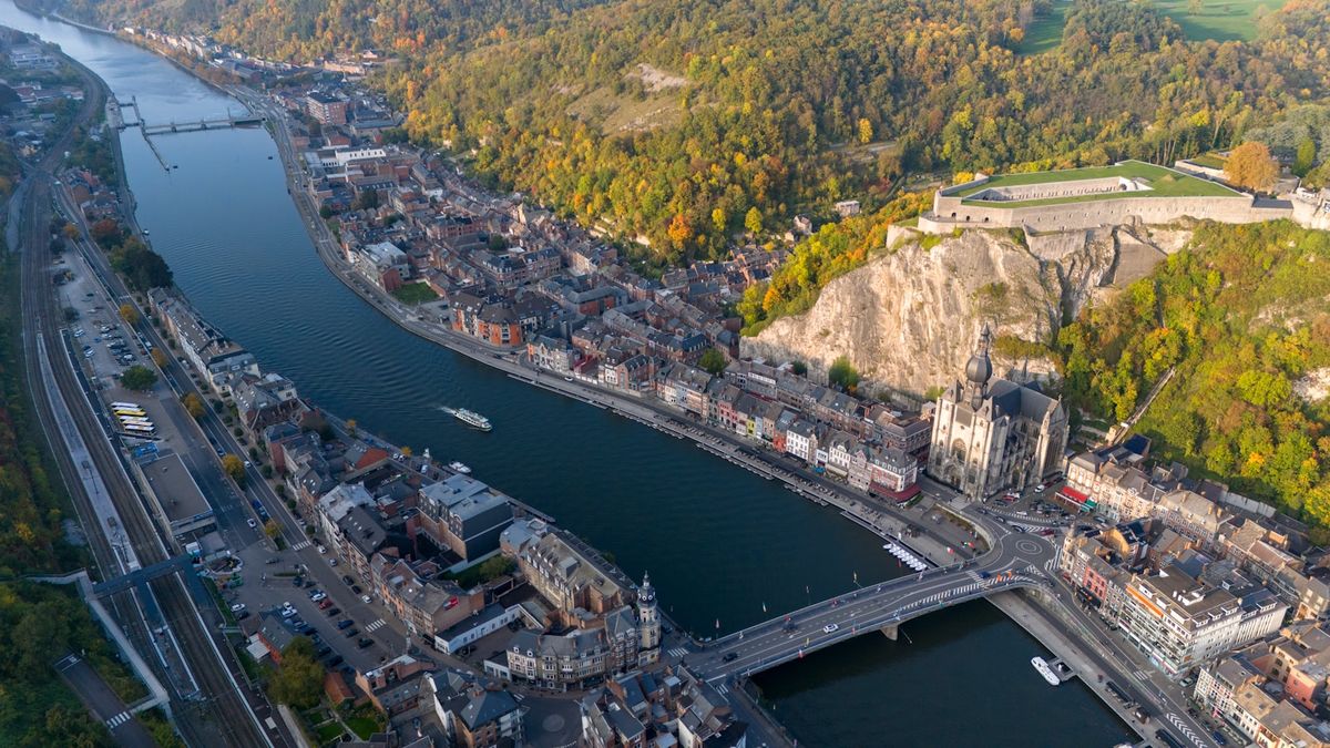 Aerial view of Dinant town on the Meuse river, Belgium