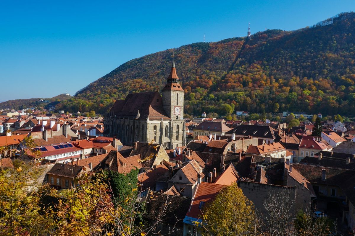 View of Brasov old town with the Tampa mountain in the background, Romania