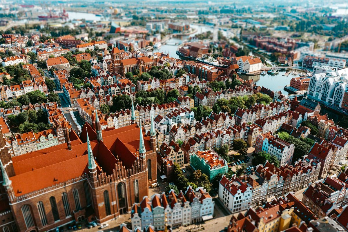 Aerial view of Krakow city buildings in Poland