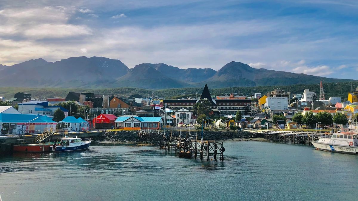 The harbour at Ushuaia with snow-capped Tierra del Fuego mountains