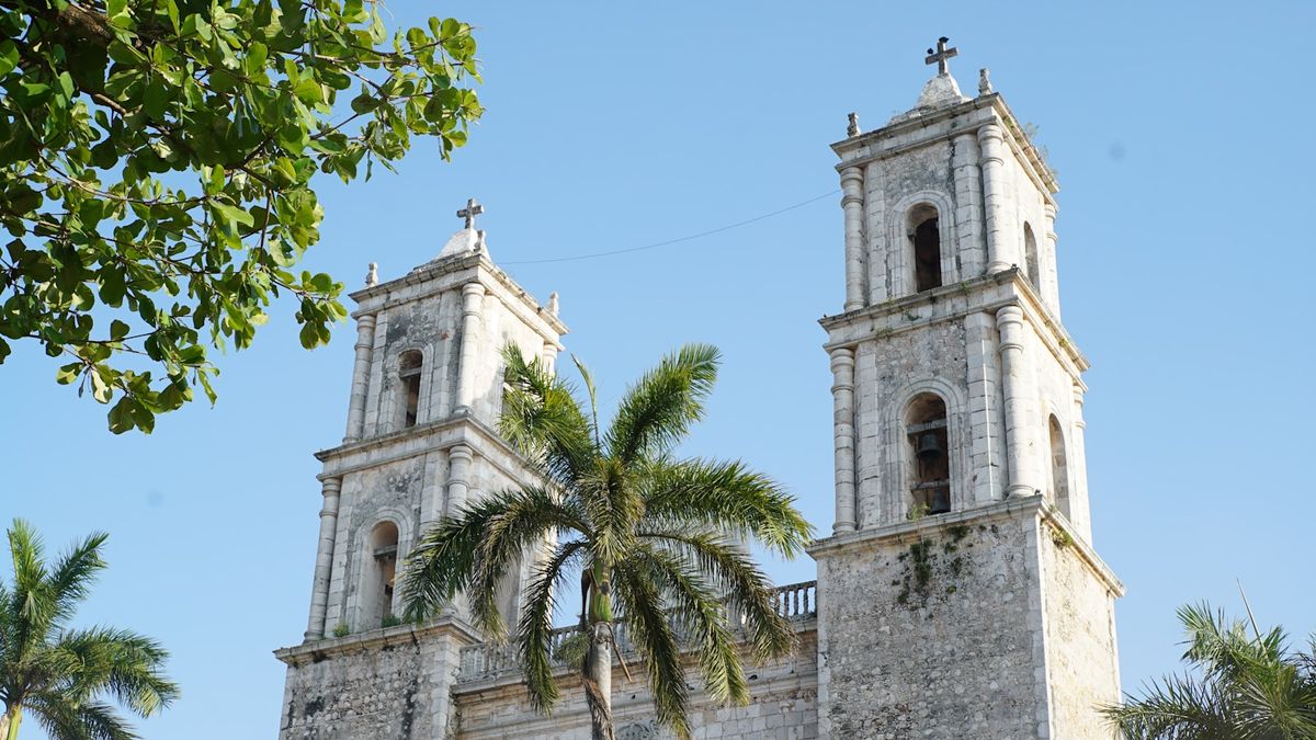 Historic colonial cathedral with twin towers in Valladolid, Yucatan