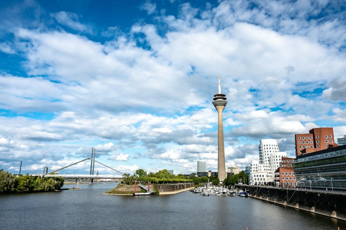 Dusseldorf skyline with the Rhine Tower and a bridge over the Rhine