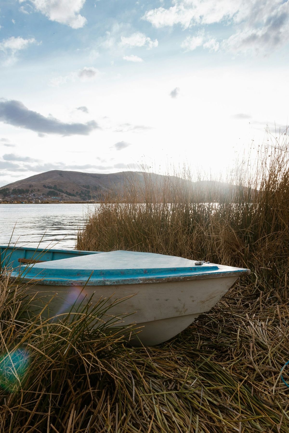 Traditional reed boat on the shore of Lake Titicaca, Peru