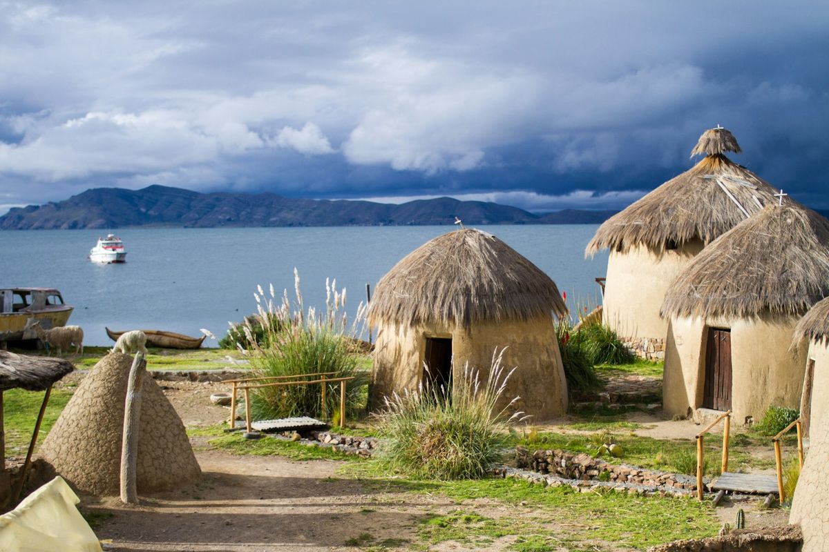 Traditional reed houses on the Uros floating islands of Lake Titicaca, Peru
