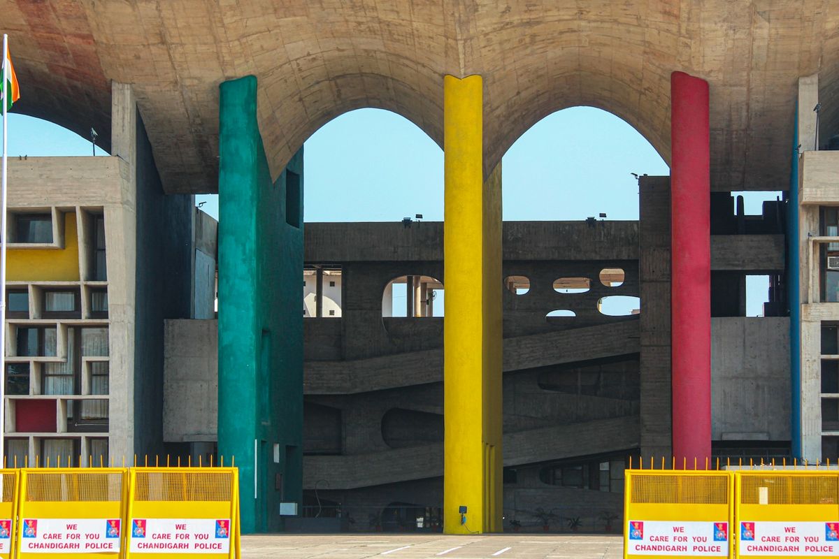Modernist Capitol Complex building with colorful columns in Chandigarh