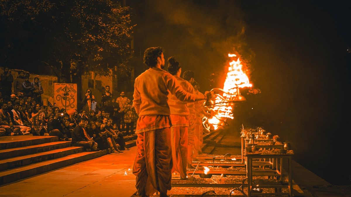 Evening Ganga aarti fire ceremony at Rishikesh