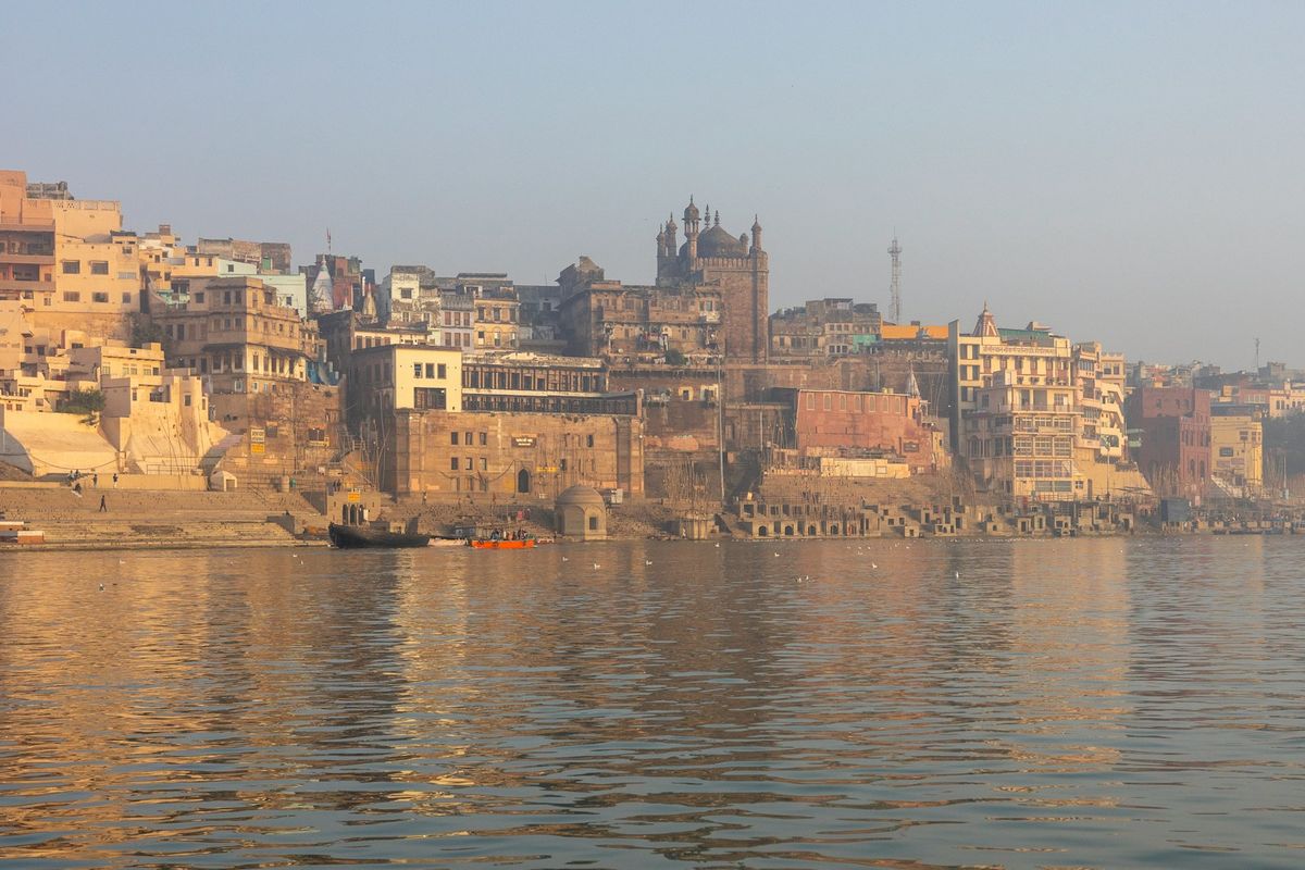The ghats of Varanasi on the Ganges River at dawn, India