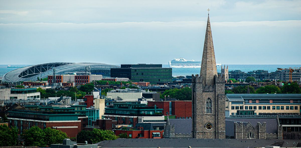 Dublin city waterfront with boats and skyline