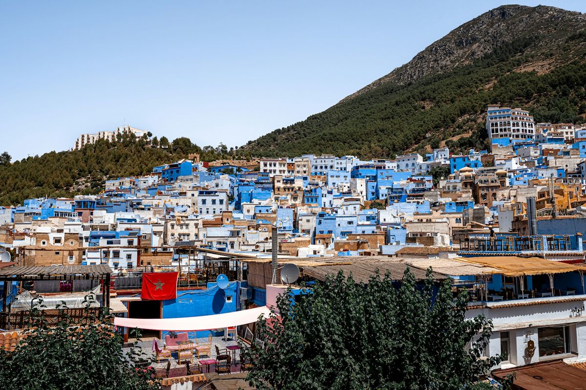 Blue-painted medina of Chefchaouen against the Rif Mountains, Morocco