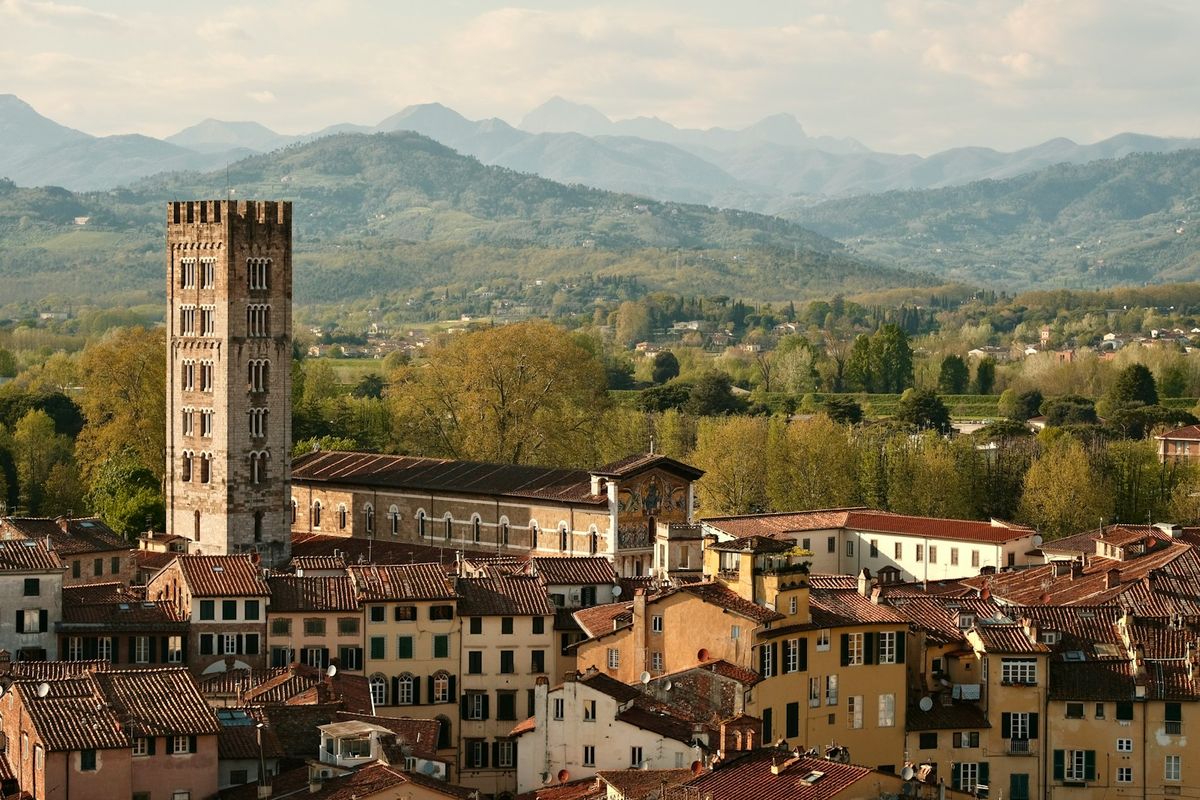 Historic tower overlooking the rooftops of Lucca, Italy