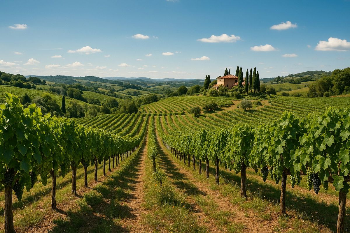 Rolling Tuscan hills with vineyard rows leading to a villa