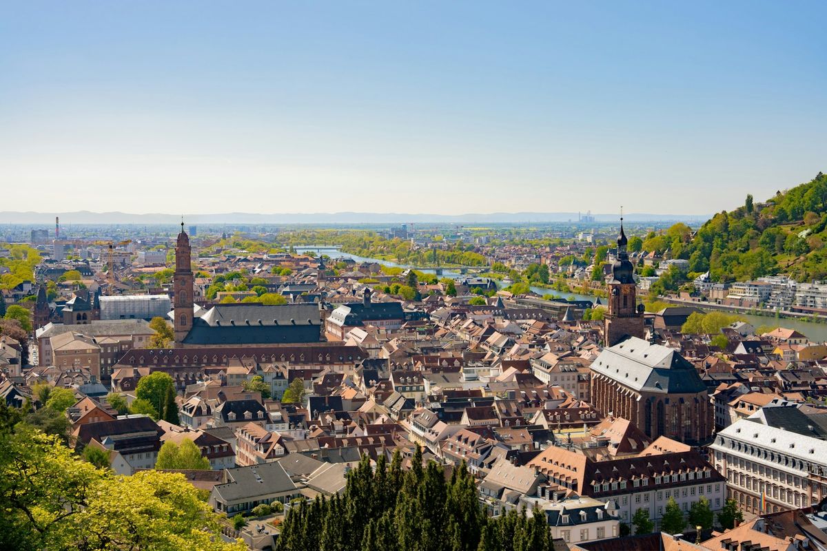 Panoramic view of Heidelberg's old town rooftops and the Neckar river