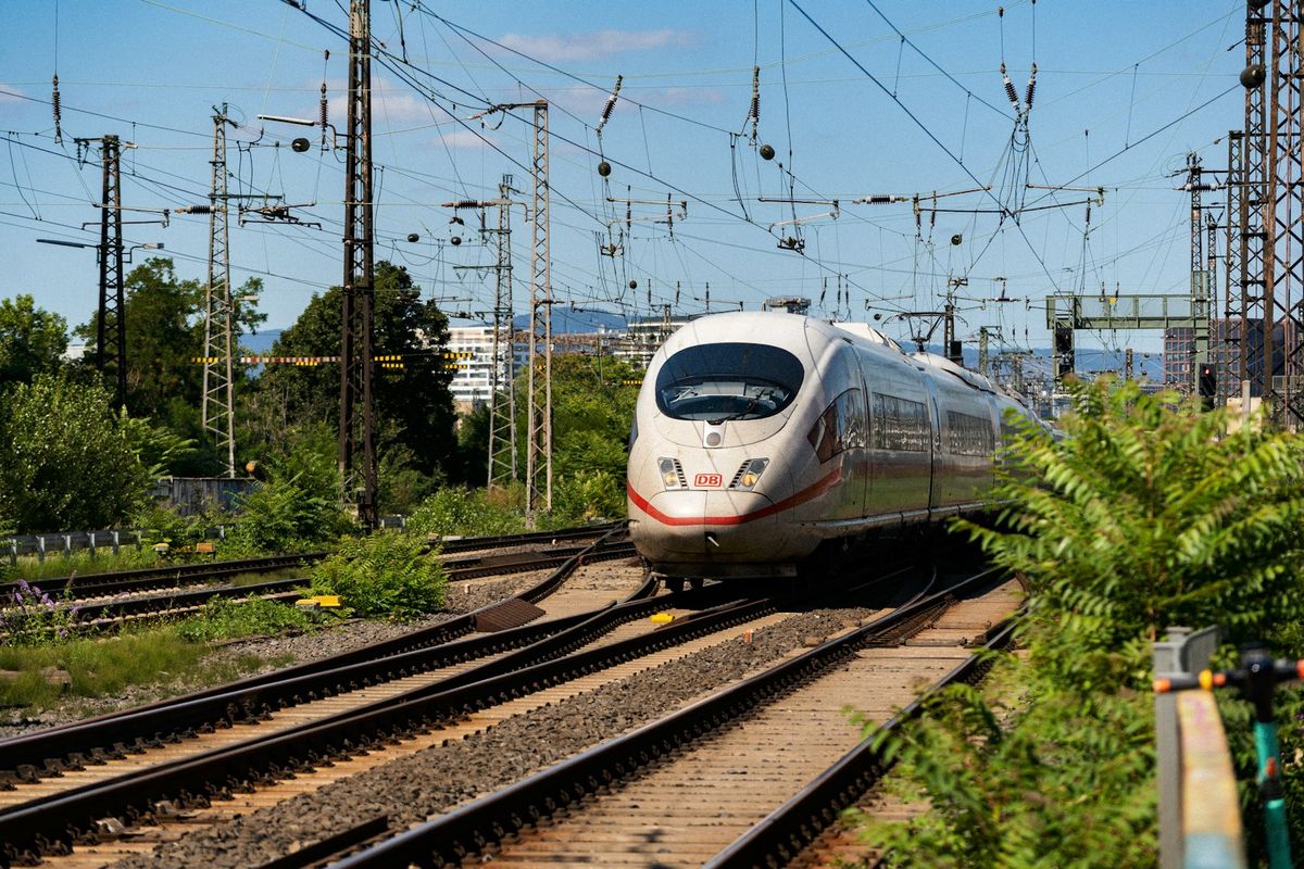 White German train traveling through forest
