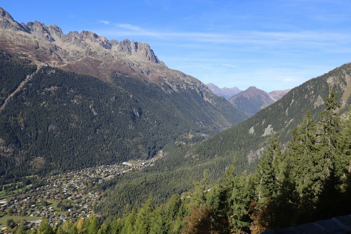 Scenic valley with alpine settlement and mountain peaks Chamonix