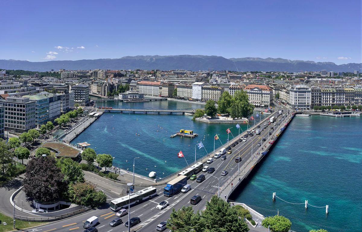 Geneva aerial cityscape with lake waterfront